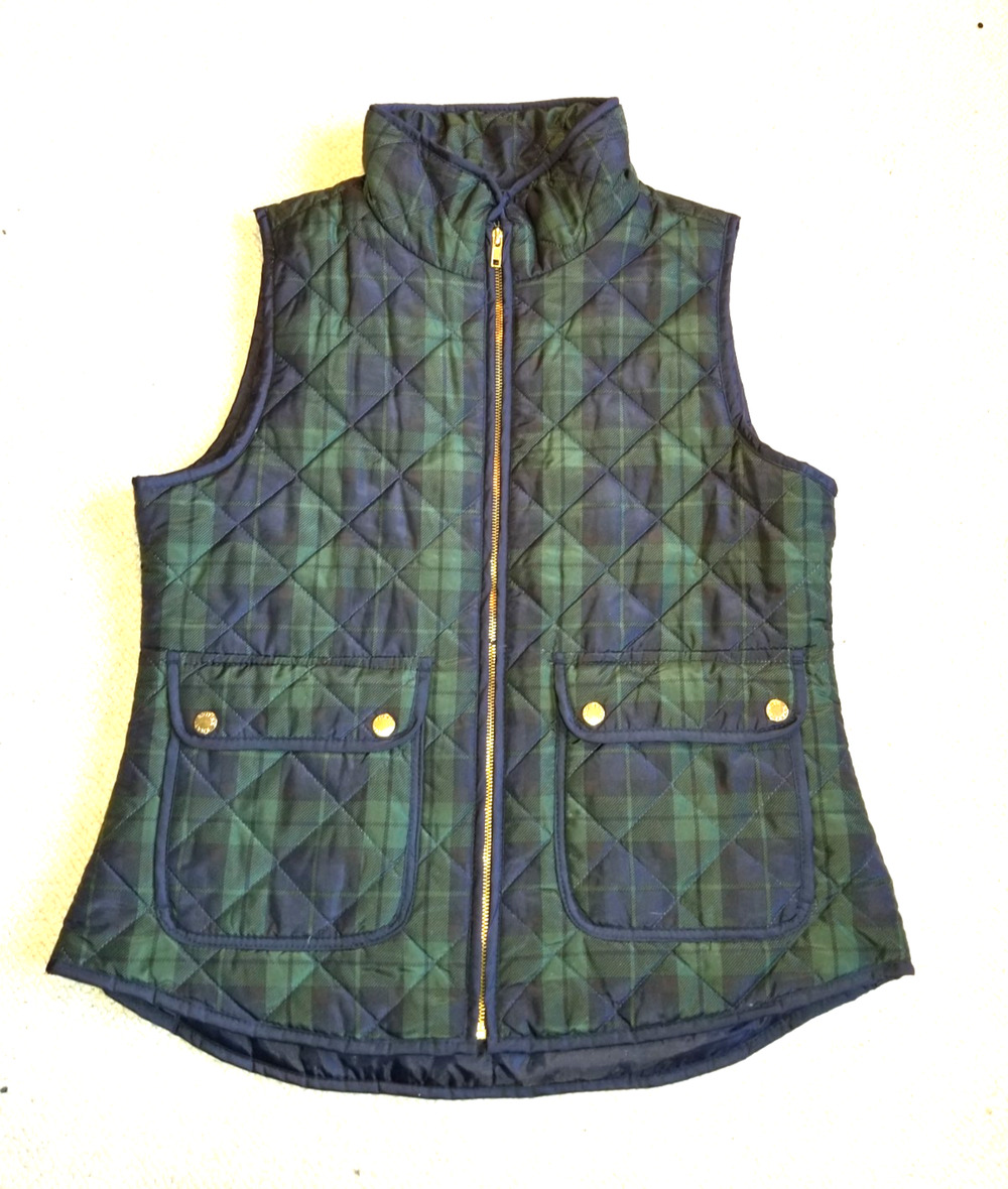 Womens Vest-BRITISH KHAKI-green/navy plaid quilted insulated zip up mock neck-L